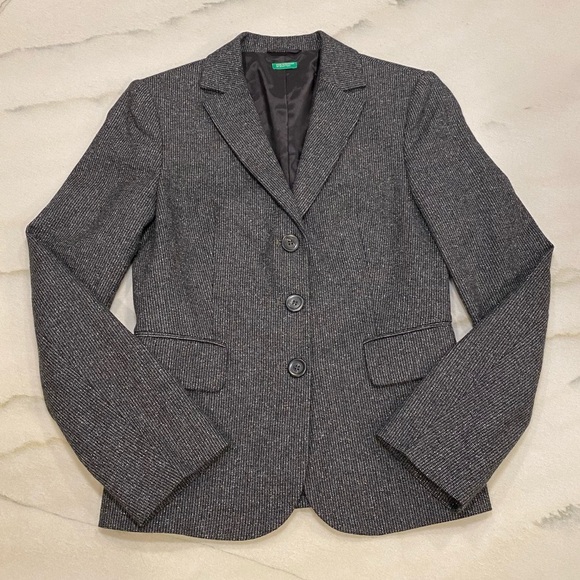 Benetton Wool Blazer Size XS 40 Gray Black Wool Silk Button Closure - Picture 1 of 13